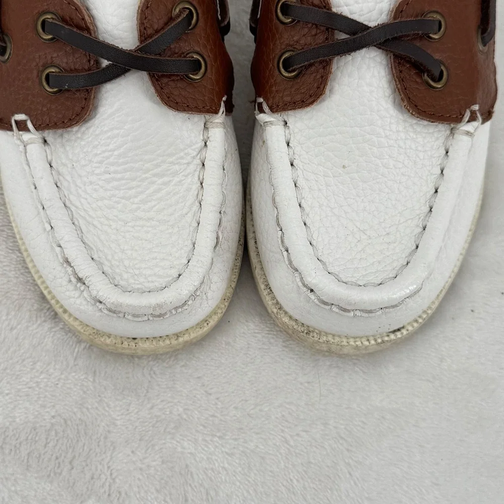 Janie and Jack Boat Shoes Toddler Size 8 White & Brown Leather Nautical Loafers